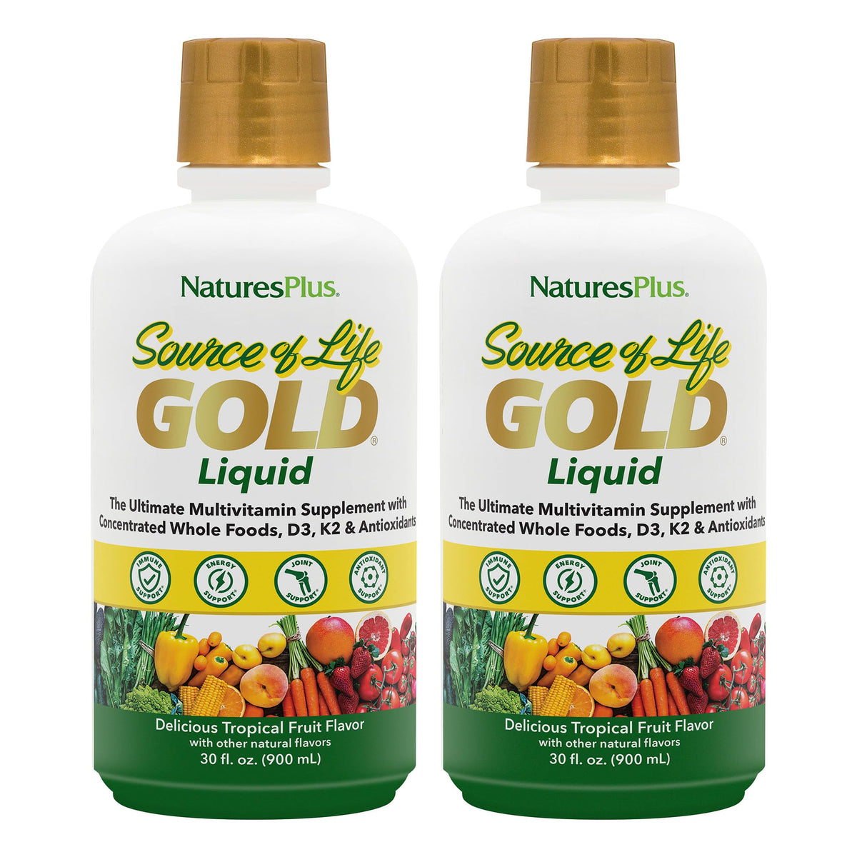 NaturesPlus Source of Life Gold Liquid bottle front supports daily energy potential.
