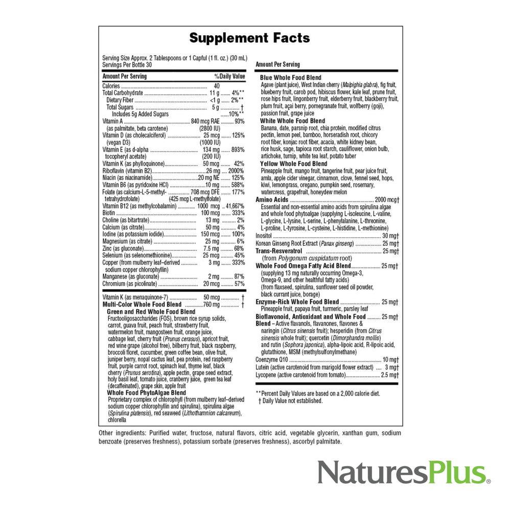NaturesPlus Source of Life Gold Liquid ingredients panel shows 120+ whole foods.