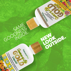 NaturesPlus Source of Life Gold Liquid being poured into a spoon for convenient daily dosing.