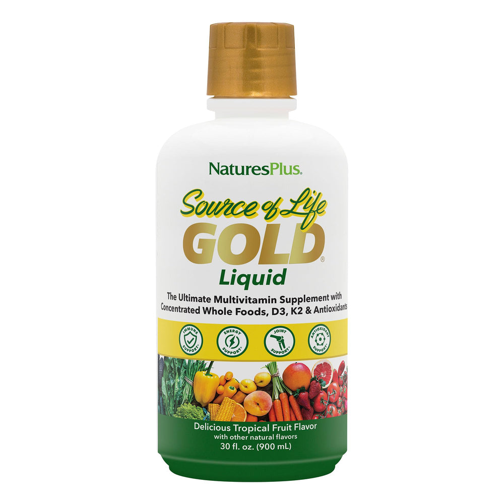 NaturesPlus Source of Life Gold Liquid bottle showcases a complete multivitamin blend for daily energy support.