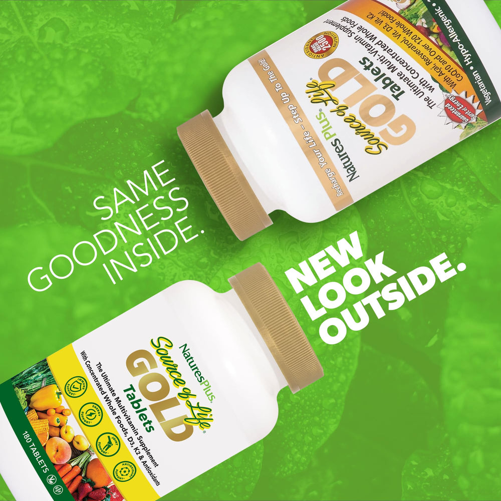 NaturesPlus Source of Life Gold tablets closeup, highlighting the nutrient-dense formula for overall wellness.