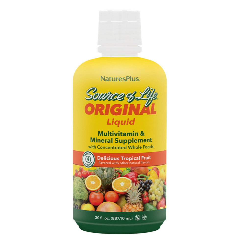 NaturesPlus Source of Life Liquid bottle with tropical fruit flavor for daily energy support.