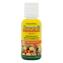 NaturesPlus Source of Life Liquid tropical fruit bottle on shelf for easy daily nutrition.