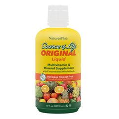 NaturesPlus Source of Life Liquid bottle with tropical fruit flavor for daily energy support.