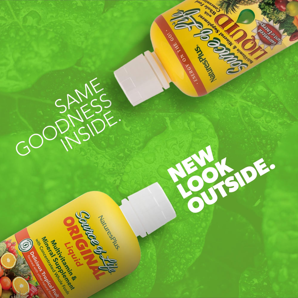 Close-up of NaturesPlus Source of Life Liquid label highlighting whole food ingredients.