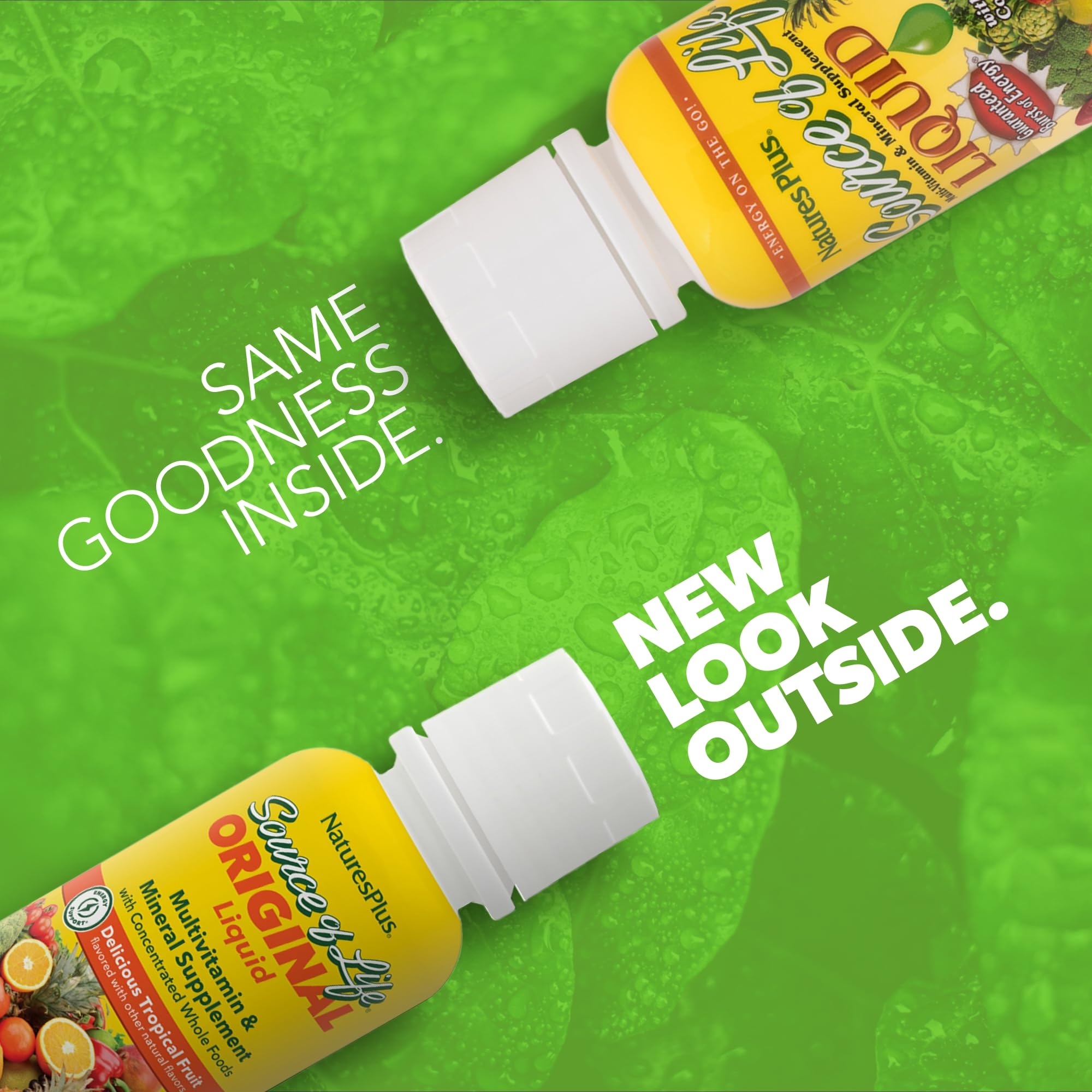 NaturesPlus Source of Life Liquid tropical fruit label close-up highlights vitamin-rich formula.