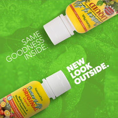 NaturesPlus Source of Life Liquid tropical fruit label close-up highlights vitamin-rich formula.