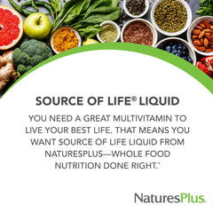 NaturesPlus Source of Life Liquid tropical fruit pouring illustrates easy consumption.