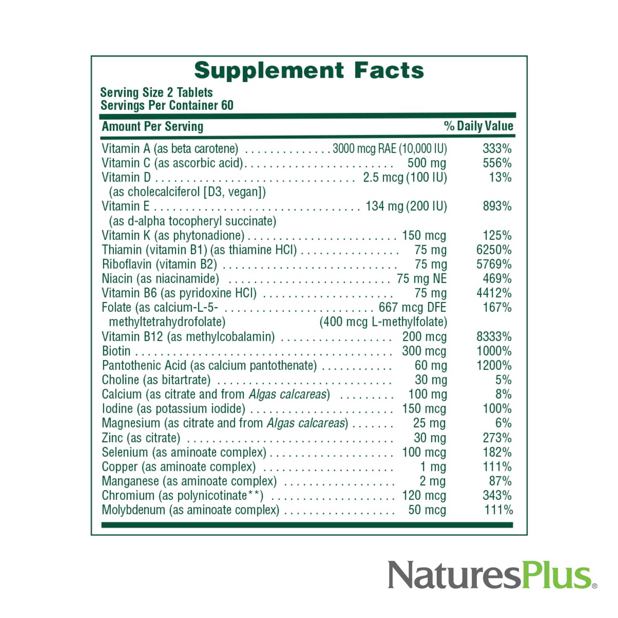 Ingredient blend of NaturesPlus Source of Life Men featuring spirulina and bioflavonoids.