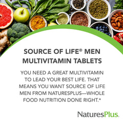 NaturesPlus Source of Life Men label highlighting essential vitamins and minerals.