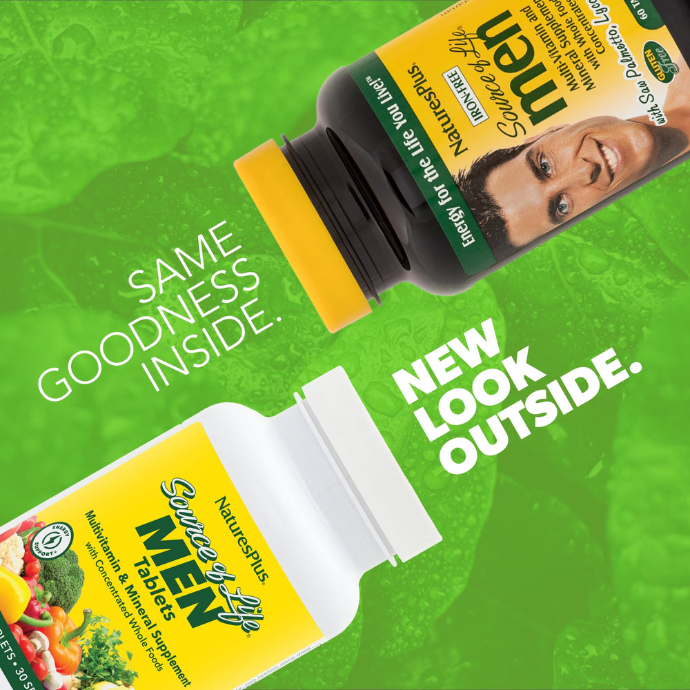 Close-up of NaturesPlus Source of Life Men tablets showing a complete nutrient blend.