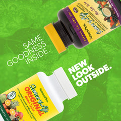 NaturesPlus Source of Life Mini-Tabs No Iron bottle-pour image shows easy dosing.