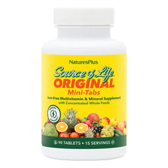 NaturesPlus Source of Life Mini-Tabs No Iron bottle for convenient daily energy support.