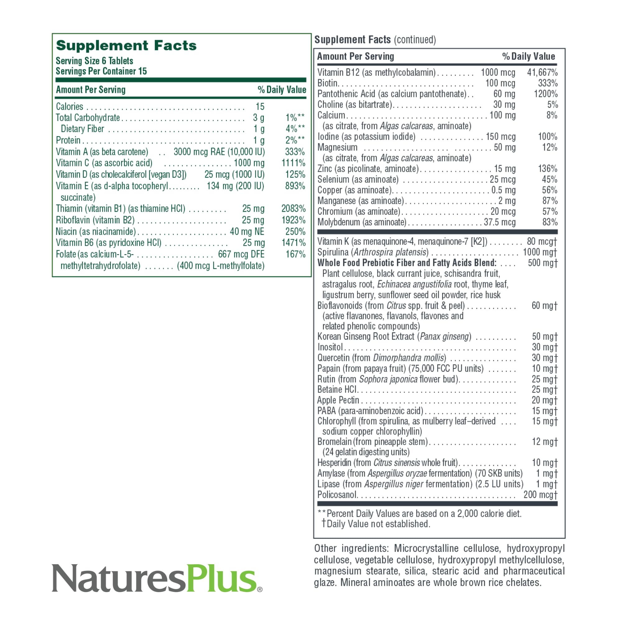 Spirulina and bee pollen highlight plant-based nourishment in NaturesPlus Mini-Tabs No Iron.