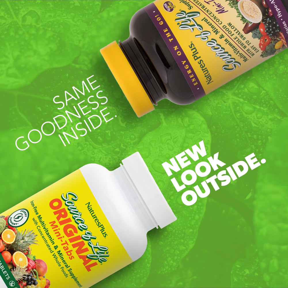 Close-up of NaturesPlus Source of Life Mini-Tabs No Iron tablet for easy swallowing