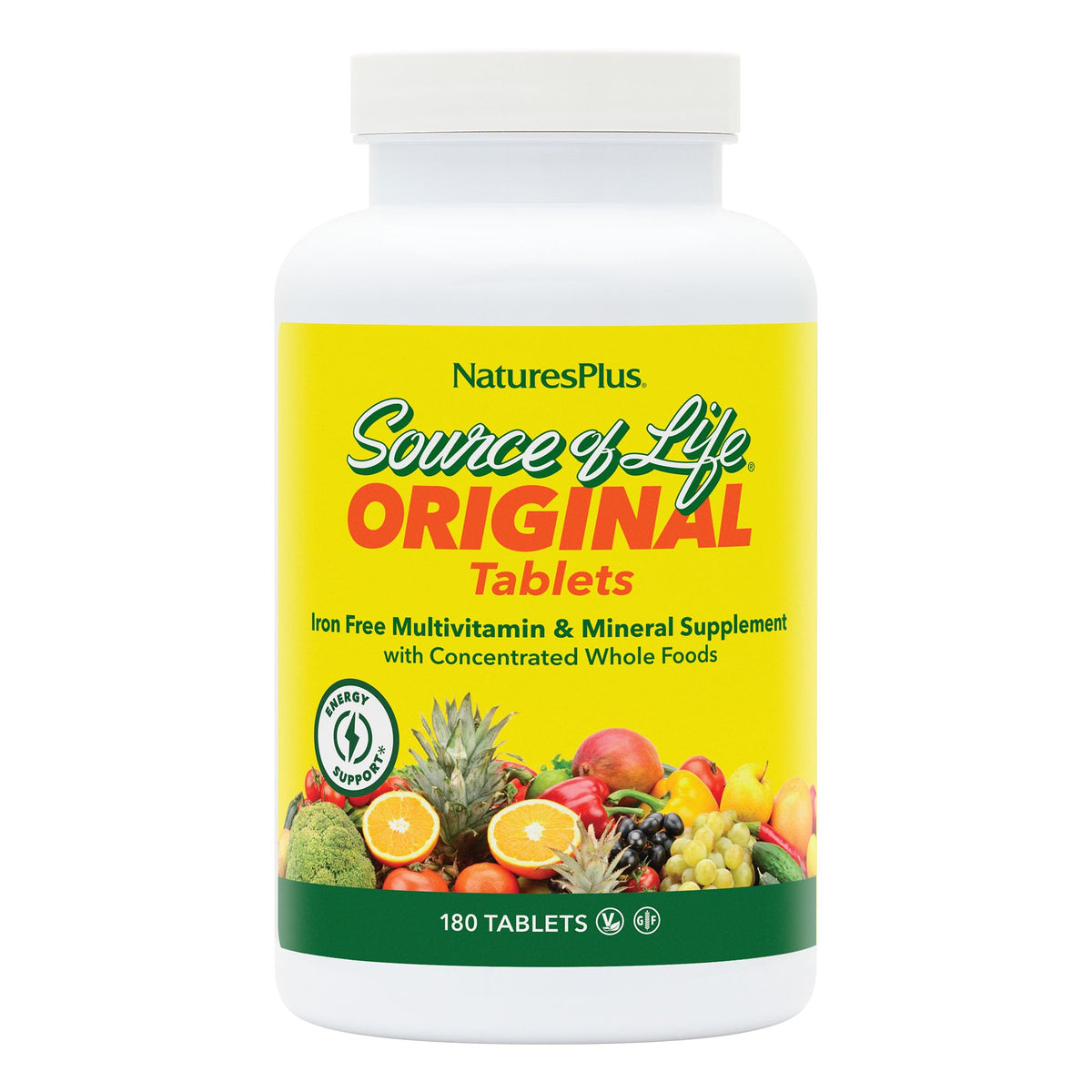 NaturesPlus Source of Life No Iron tablets front view supports daily energy and vegan-friendly nourishment