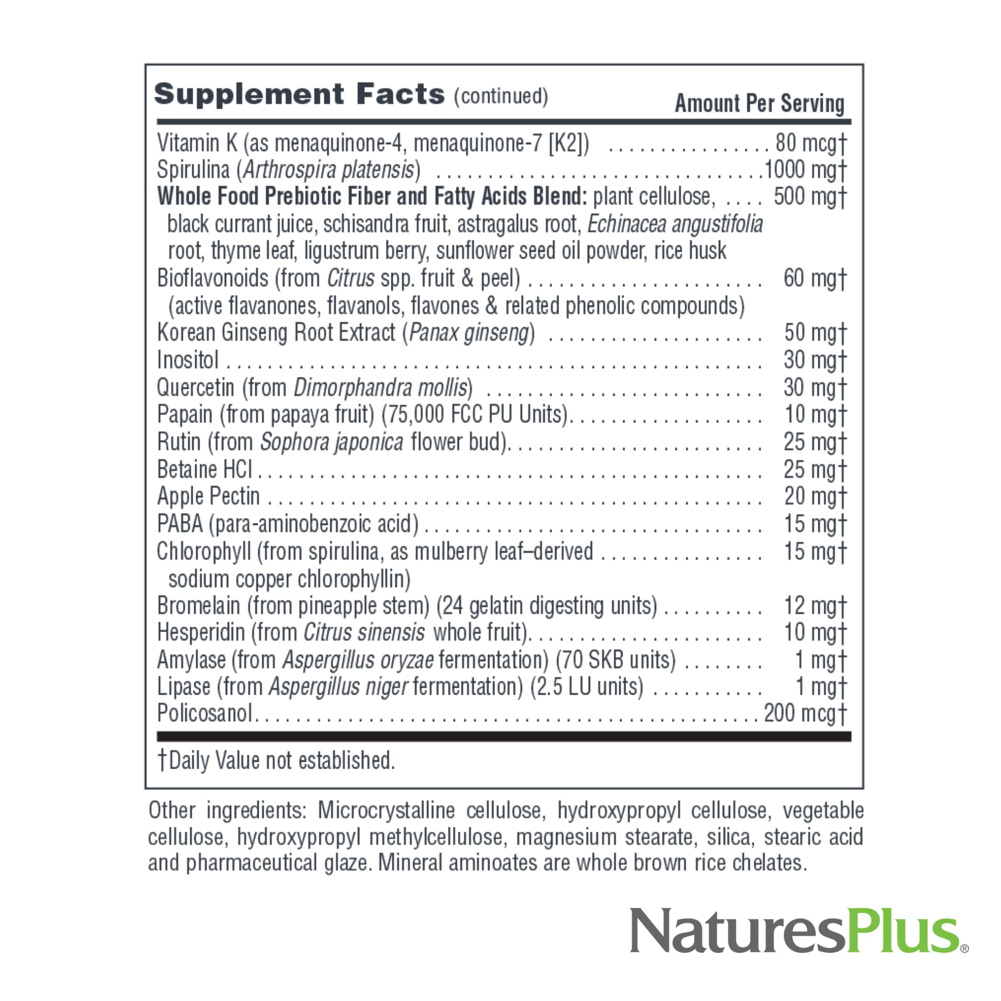 Label details of NaturesPlus Source of Life No Iron highlighting no iron and ingredients
