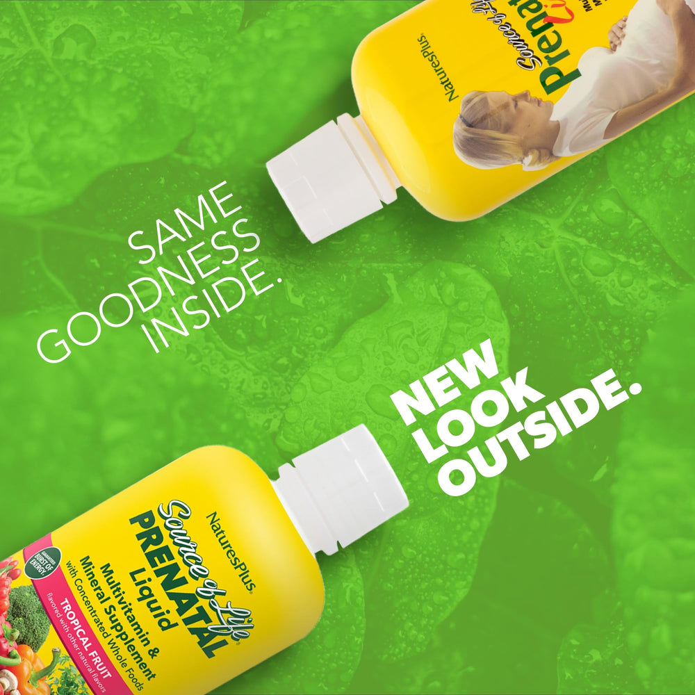 Pouring NaturesPlus Source of Life Prenatal Liquid for easy morning dosing