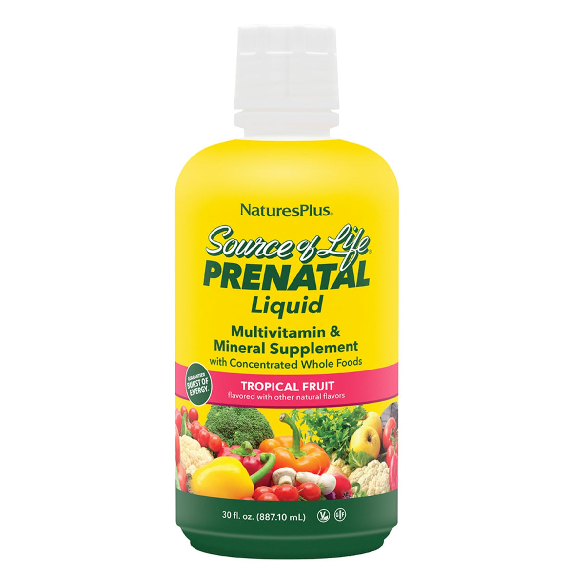 NaturesPlus Source of Life Prenatal Liquid bottle with tropical fruit flavor supports prenatal nutrition