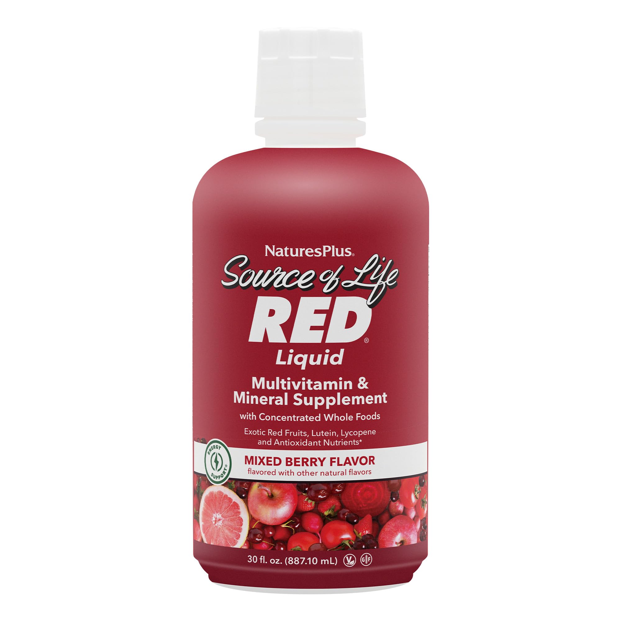 NaturesPlus Source of Life RED bottle pour for energy support.