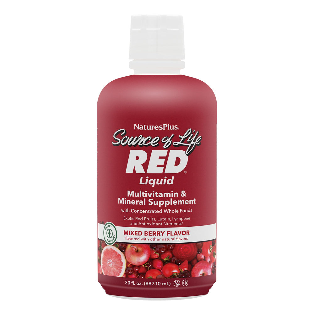 NaturesPlus Source of Life RED bottle pour for energy support.
