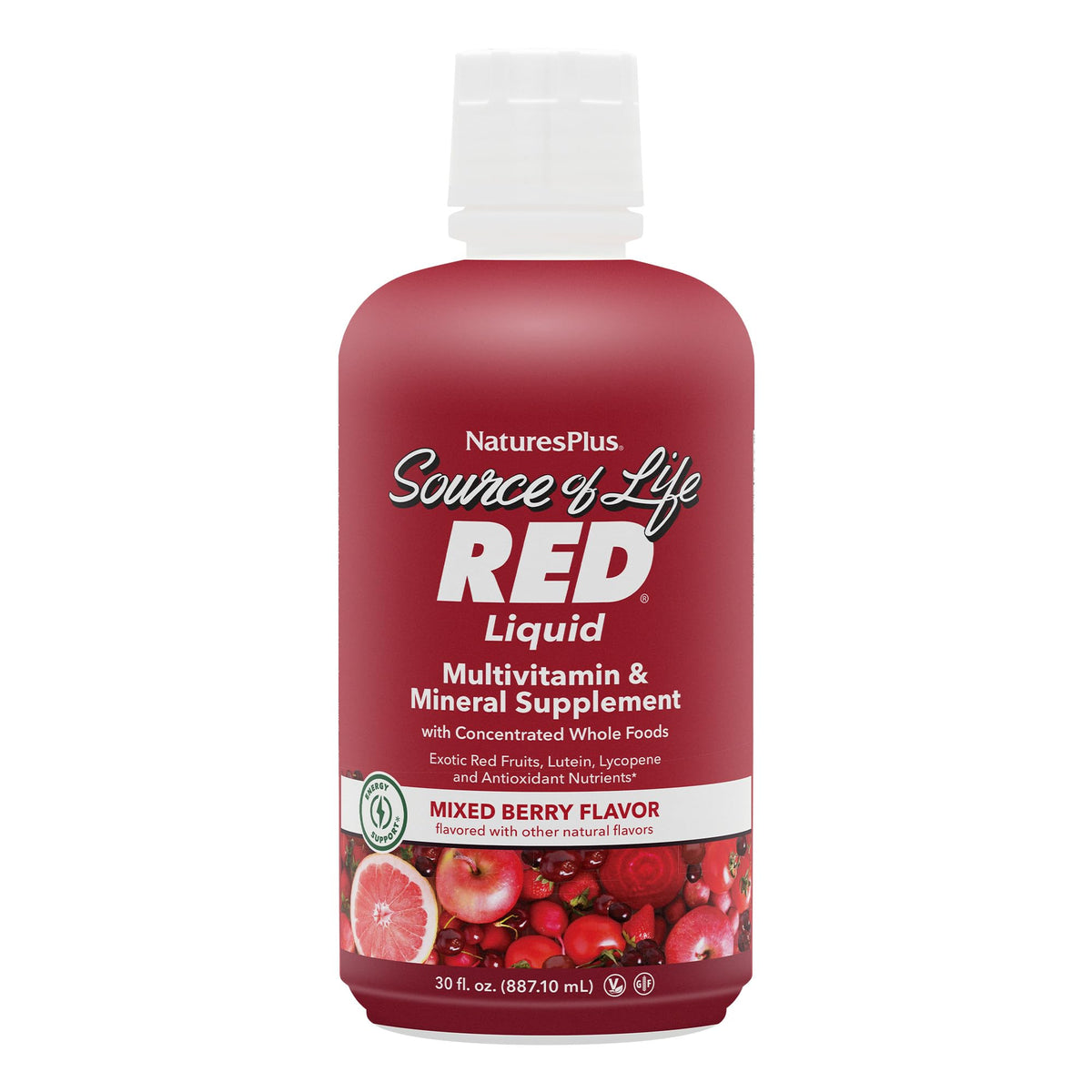 NaturesPlus Source of Life RED bottle pour for energy support.