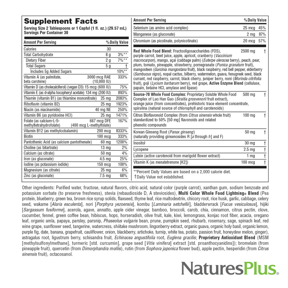 NaturesPlus Source of Life RED nutrition panel emphasizes immune-friendly vitamins.