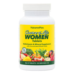 NaturesPlus Source of Life Women bottle highlights balanced nutrients for daily energy.
