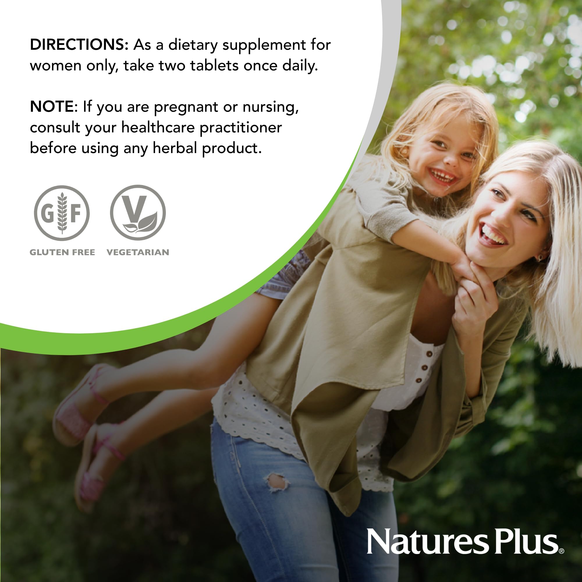 NaturesPlus Source of Life Women nutrition-facts label shows comprehensive nutrients.