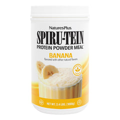 NaturesPlus SPIRU-TEIN banana shake bottle showing 32 servings
