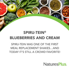 NaturesPlus SPIRU-TEIN Blueberries & Cream ingredients blend showing plant-based protein sources.