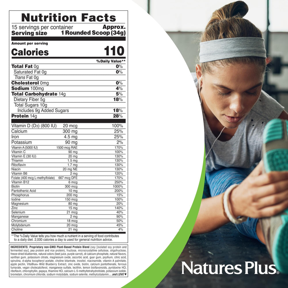 NaturesPlus SPIRU-TEIN Blueberries & Cream bottle label highlighting plant-based protein.