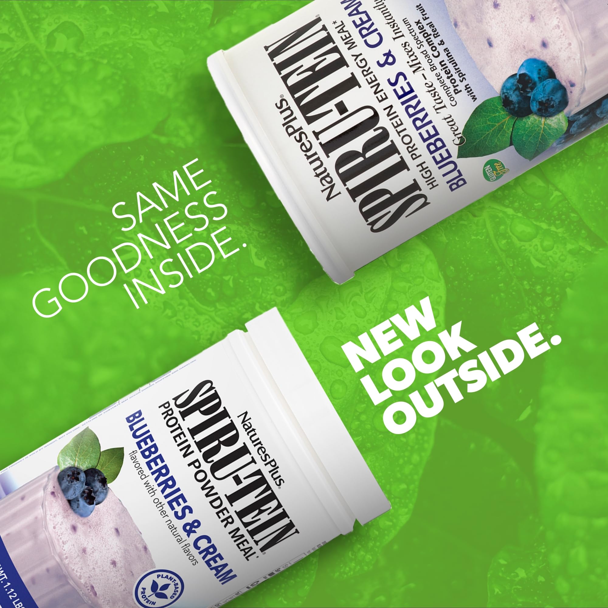 NaturesPlus SPIRU-TEIN scoop pouring powder into a glass for a quick shake.