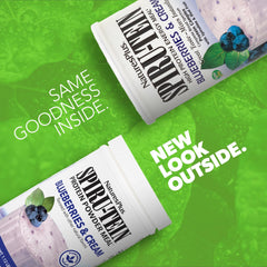 NaturesPlus SPIRU-TEIN scoop pouring powder into a glass for a quick shake.