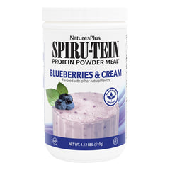 NaturesPlus SPIRU-TEIN Blueberries & Cream tub front showing protein and energy.