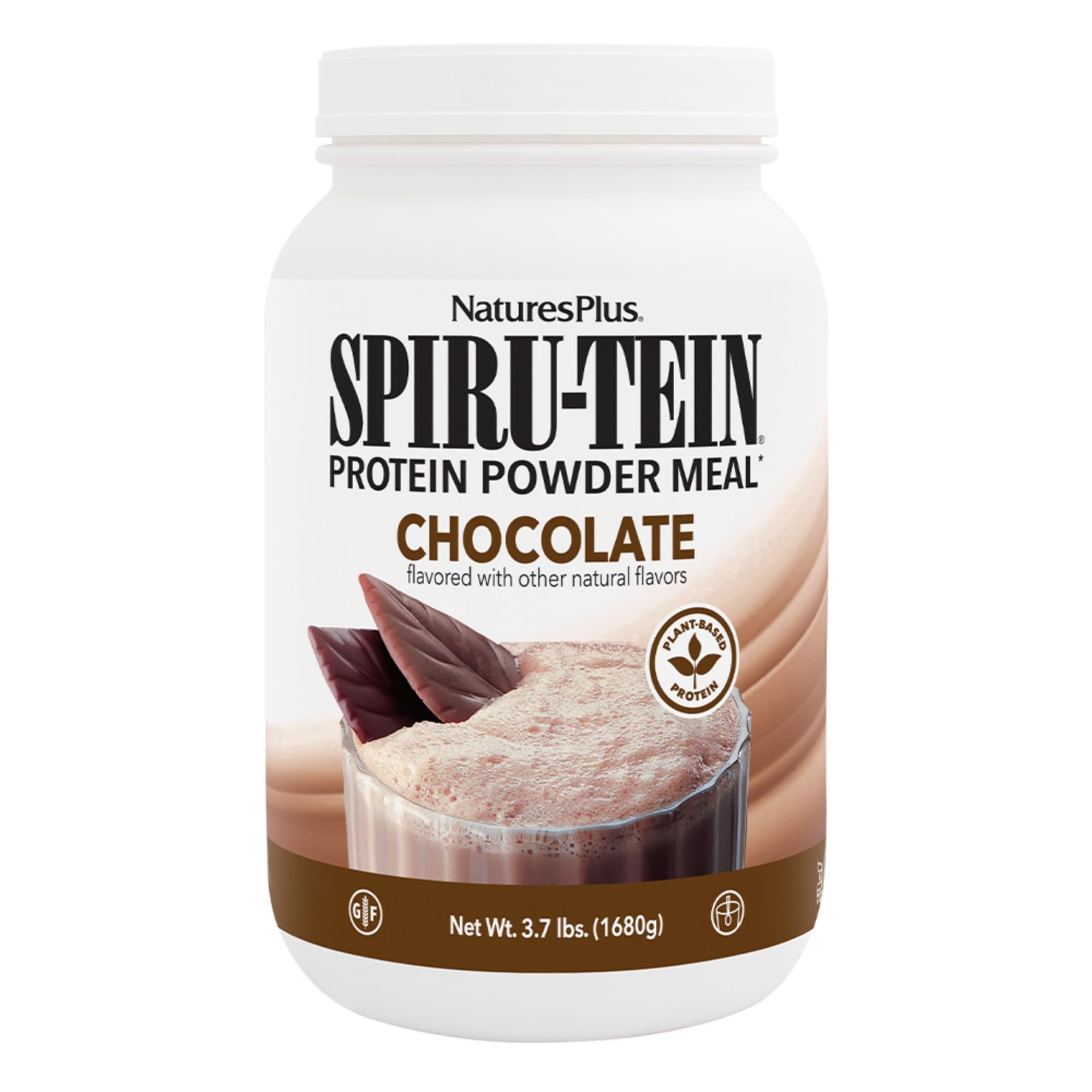 NaturesPlus SPIRU-TEIN chocolate jar highlighting protein-packed plant-based nutrition