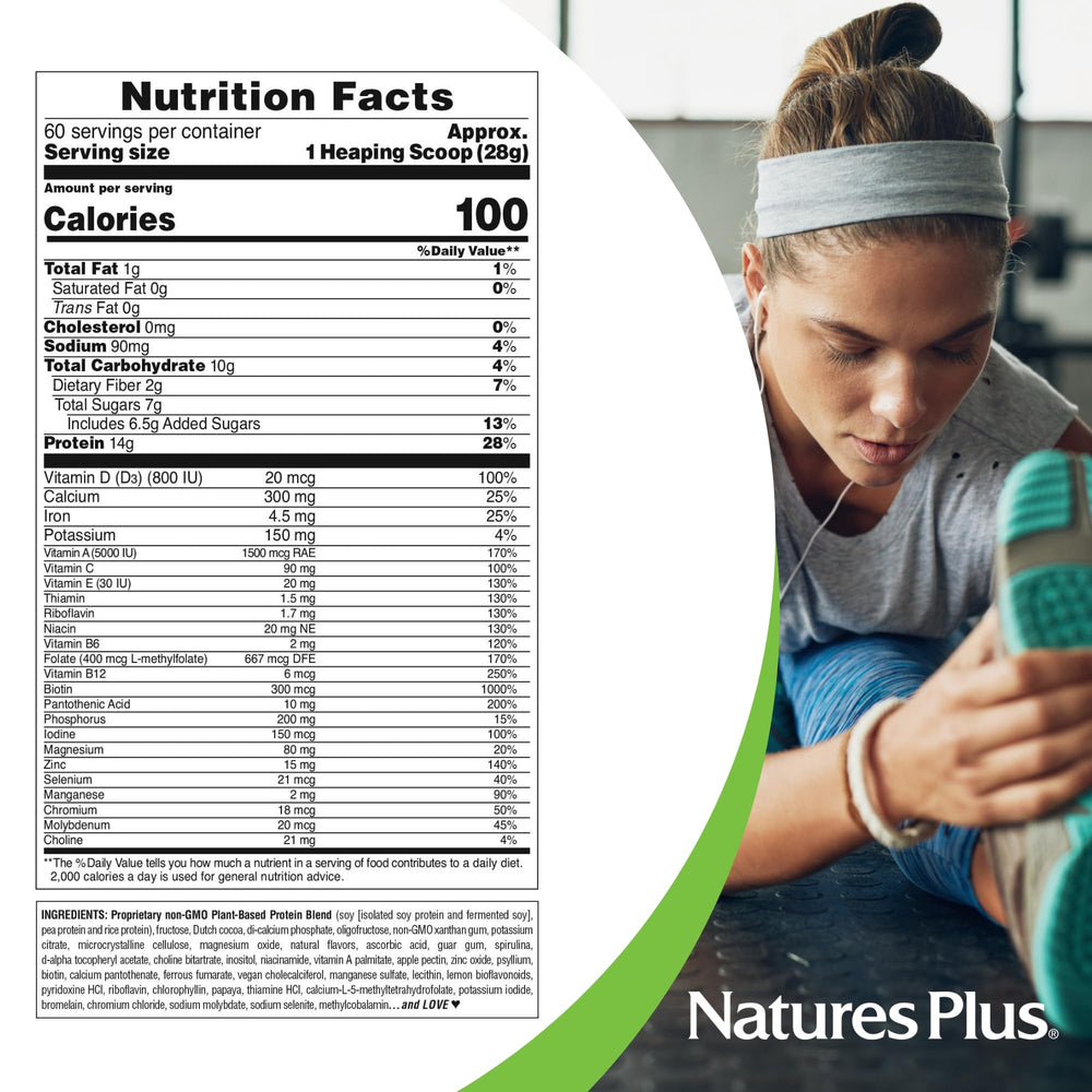 NaturesPlus SPIRU-TEIN chocolate packaging emphasizing 60 servings