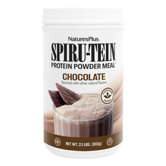 NaturesPlus Spiru-Tein chocolate powder jar front, ready for daily protein shakes