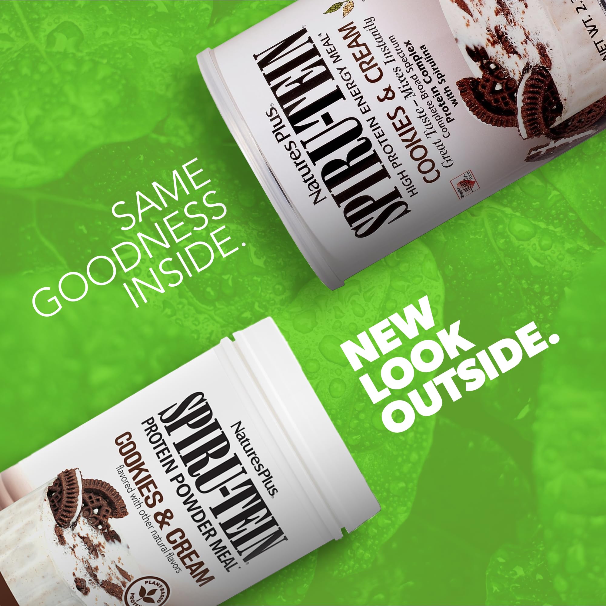 NaturesPlus SpirU-Tein Cookies and Cream powder shows smooth blend for daily smoothies.