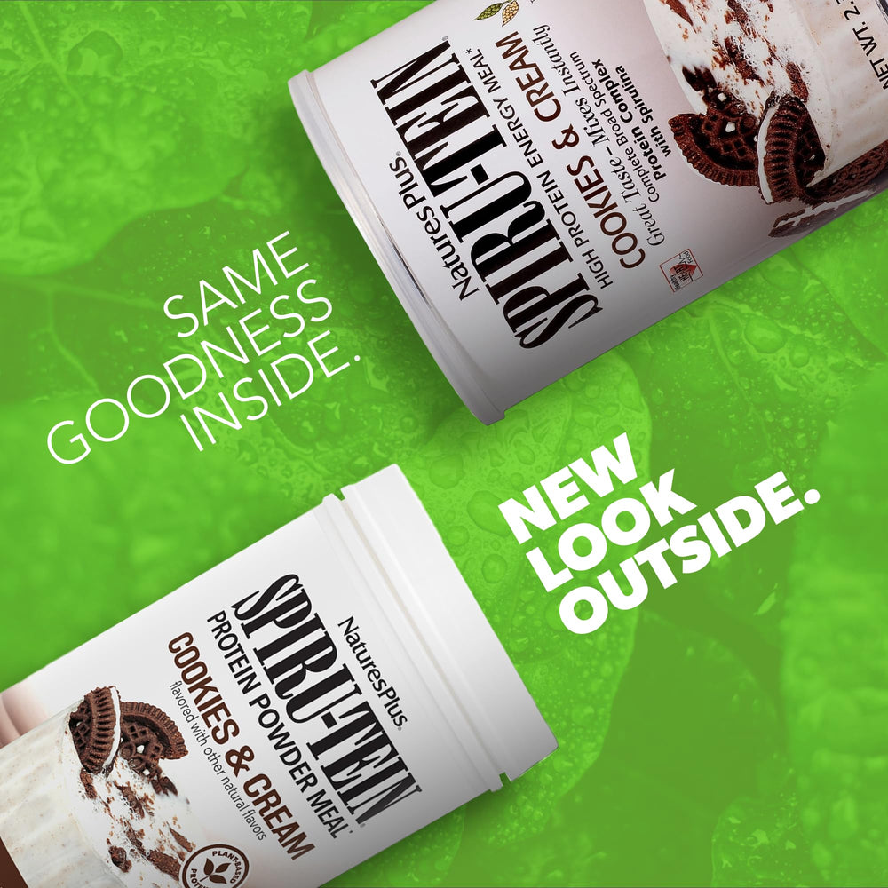 NaturesPlus SpirU-Tein Cookies and Cream powder shows smooth blend for daily smoothies.