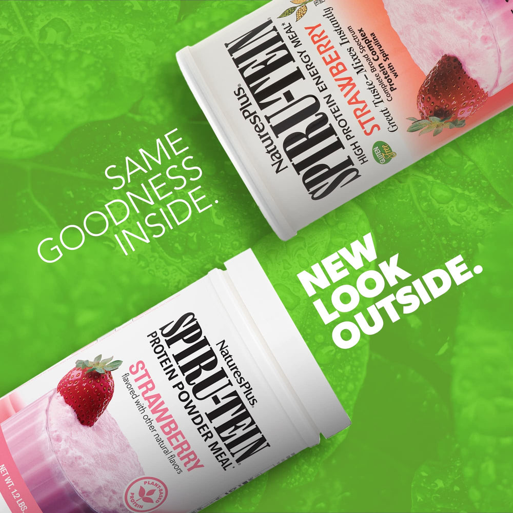 NaturesPlus SPIRU-TEIN Strawberry packaging back, notes non-GMO and gluten-free