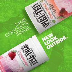 NaturesPlus SPIRU-TEIN Strawberry packaging back, notes non-GMO and gluten-free