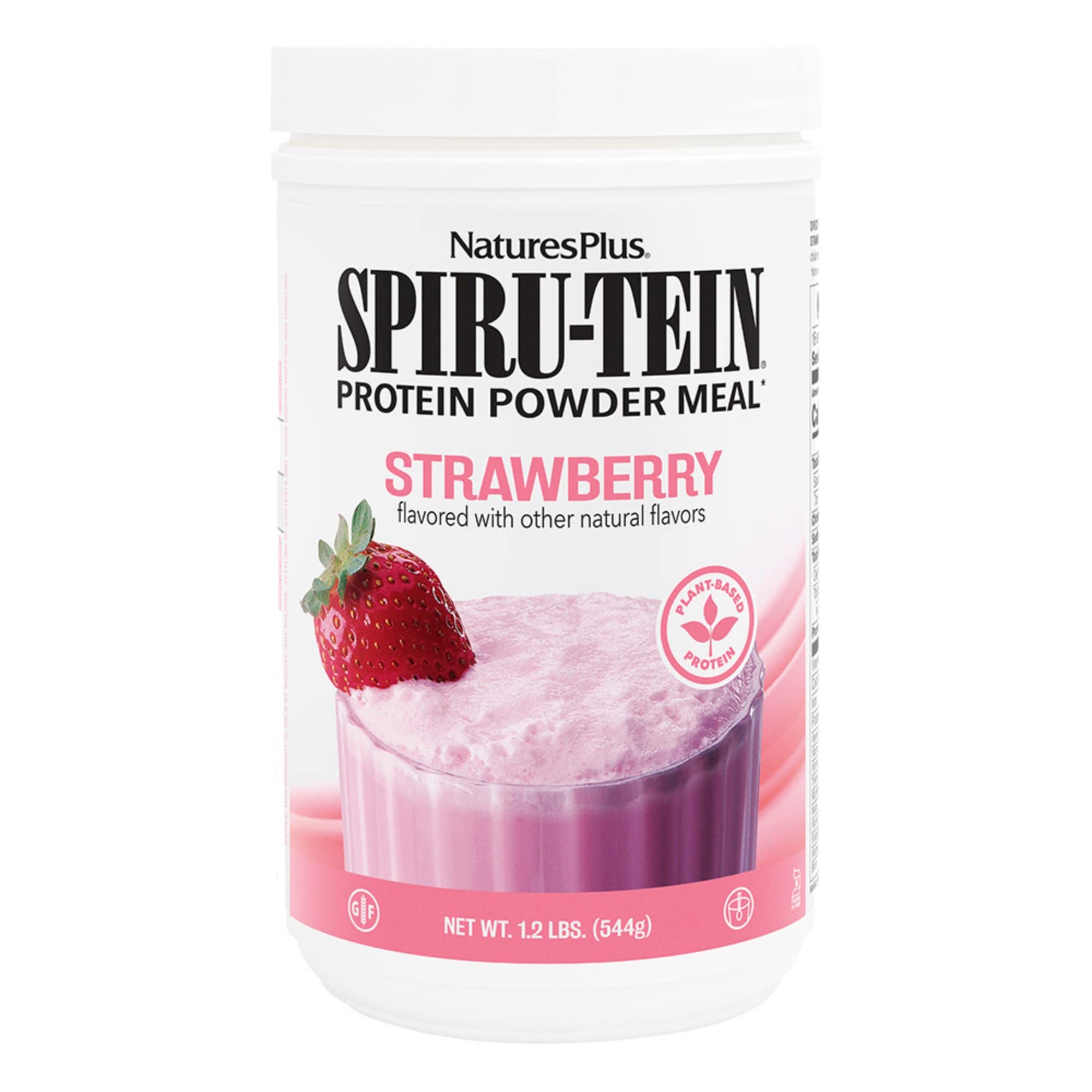 NaturesPlus SPIRU-TEIN Strawberry packaging front, convenient plant-based protein option
