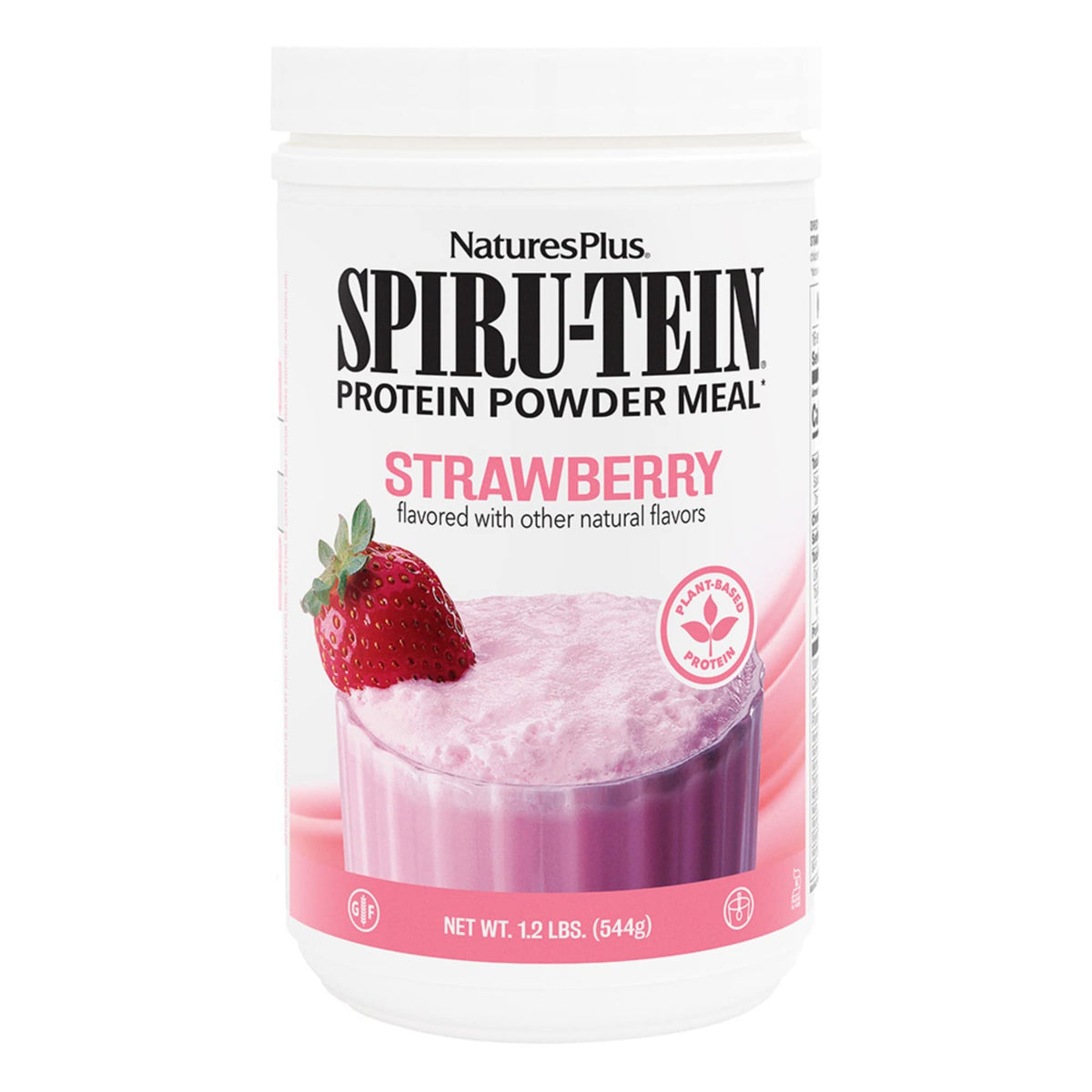 NaturesPlus SPIRU-TEIN Strawberry packaging front, convenient plant-based protein option