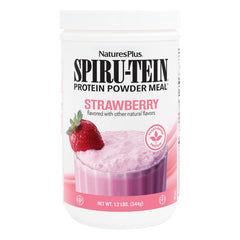 NaturesPlus SPIRU-TEIN Strawberry packaging front, convenient plant-based protein option