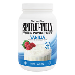 NaturesPlus SPIRU-TEIN Vanilla bottle front shows plant-based protein and non-GMO formula