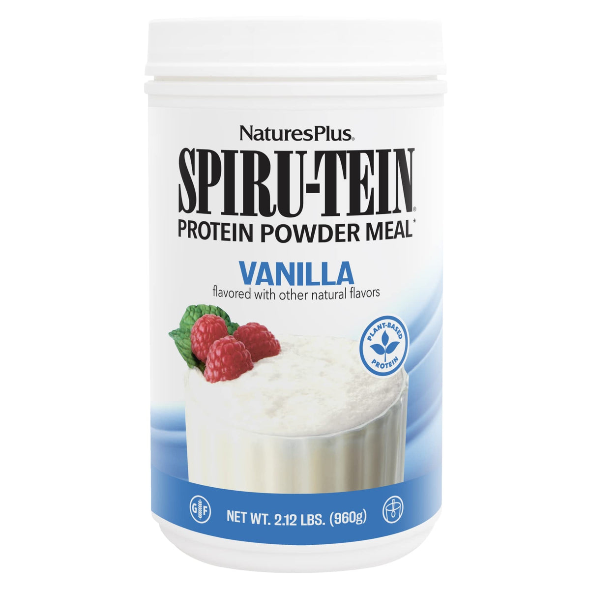 NaturesPlus SpirU-Tein Vanilla bottle showing protein support for busy days.