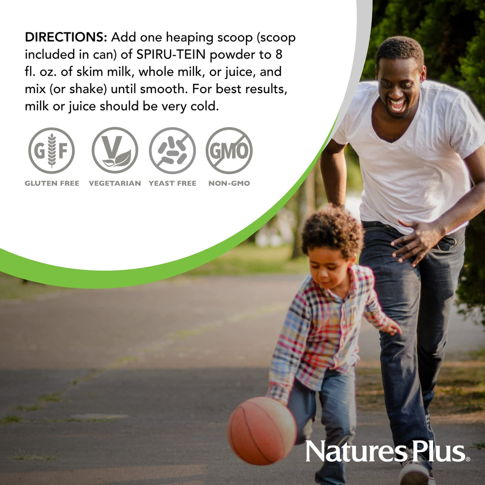 Nutrition panel on SpirU-Tein Vanilla bottle highlights protein and vitamins.