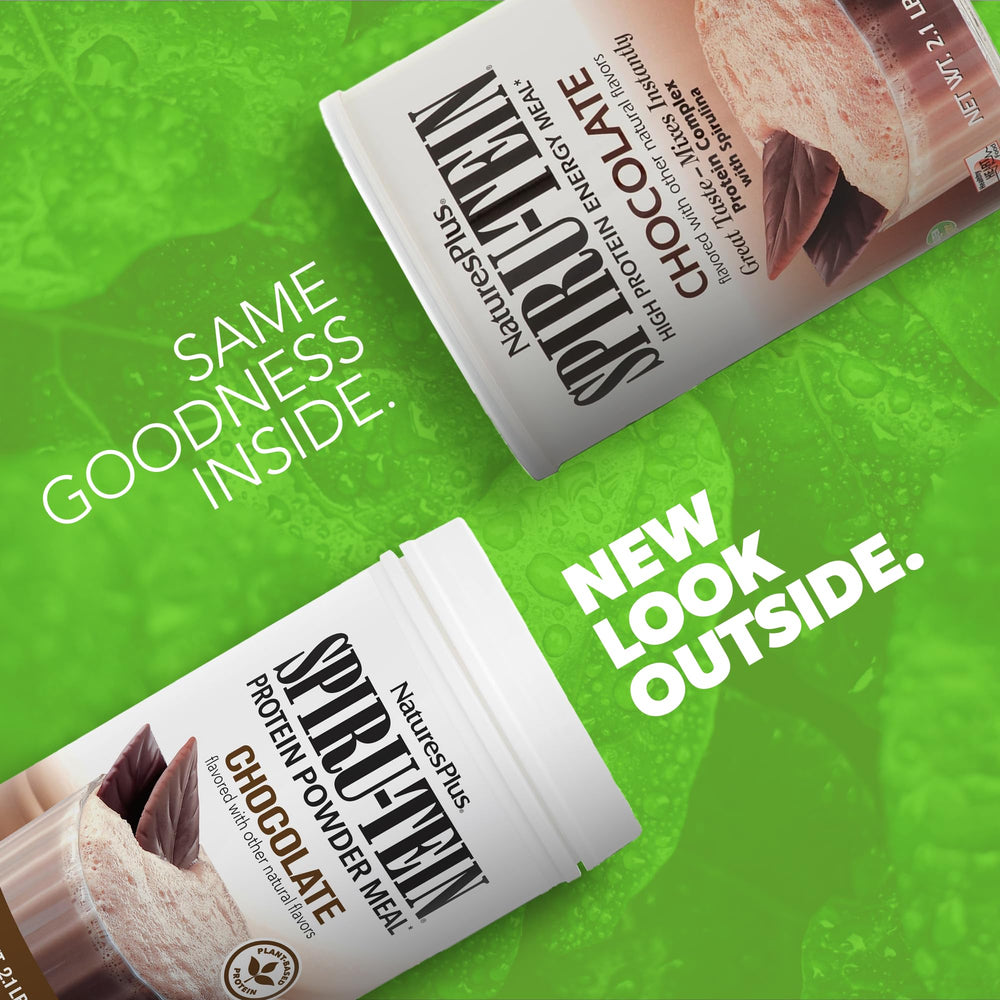 NaturesPlus Spirutein chocolate shake pour demonstrates easy preparation.