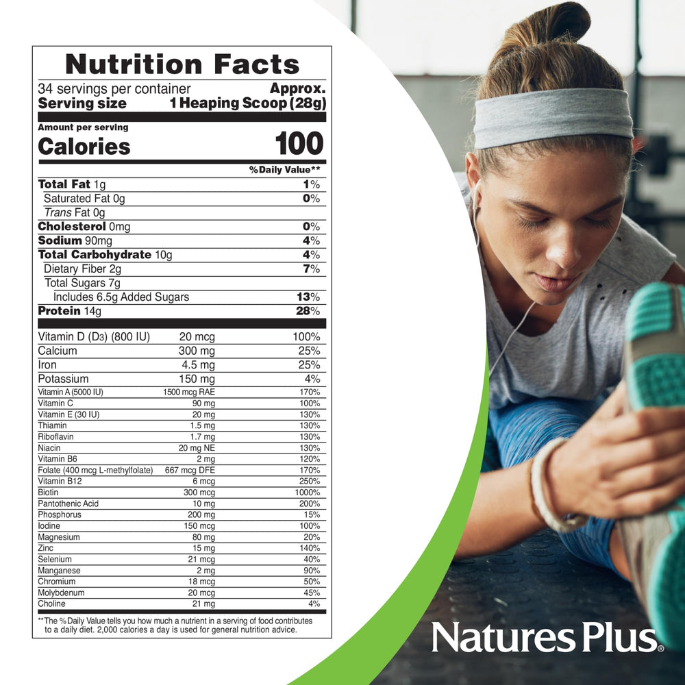 NaturesPlus Spirutein shake scoop emphasizes protein per serving.